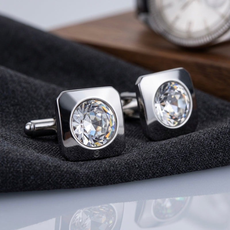 Silver Crystal Square Cufflinks