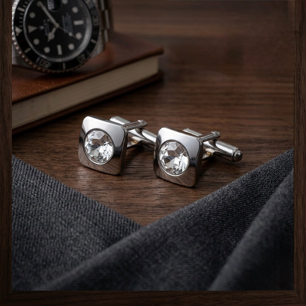 Silver Crystal Square Cufflinks