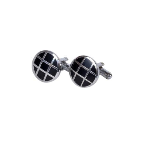 Black Grid Round Silver-Tone Cufflinks