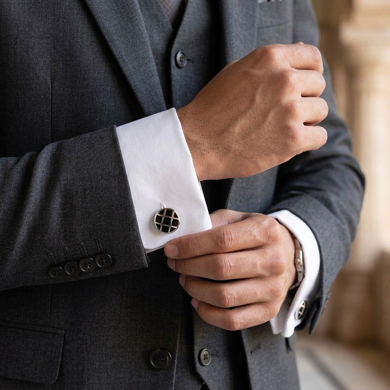 Black Grid Round Silver-Tone Cufflinks