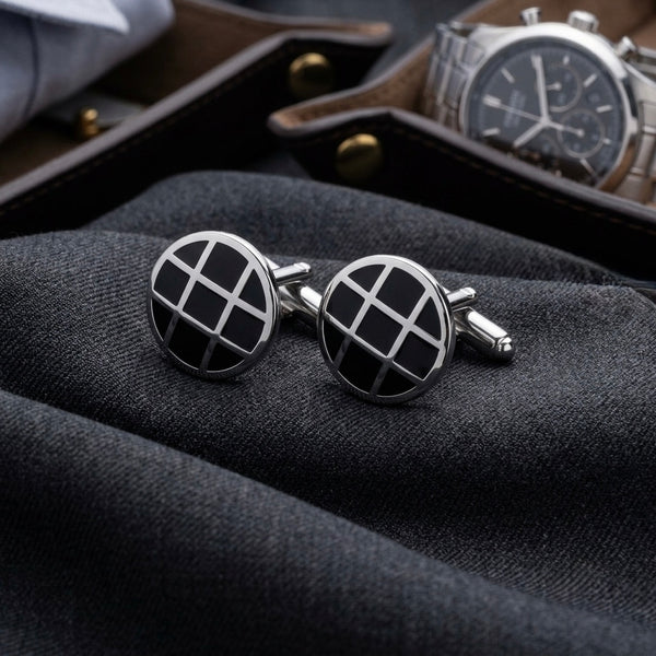 Black Grid Round Silver-Tone Cufflinks