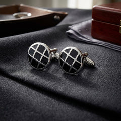 Black Grid Round Silver-Tone Cufflinks