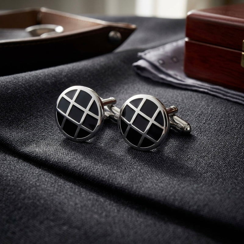 Black Grid Round Silver-Tone Cufflinks