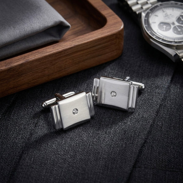 Silver Crystal Accent Rectangular Cufflinks