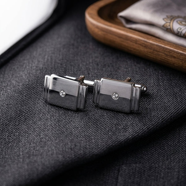 Silver Crystal Accent Rectangular Cufflinks