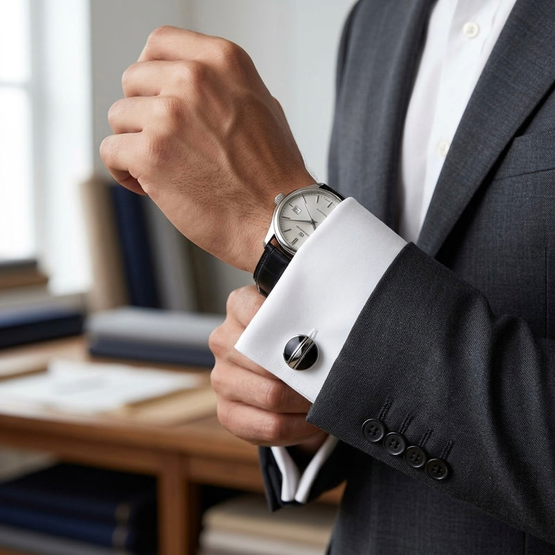 Modern Dual-Tone Onyx & Silver Circular Cufflinks