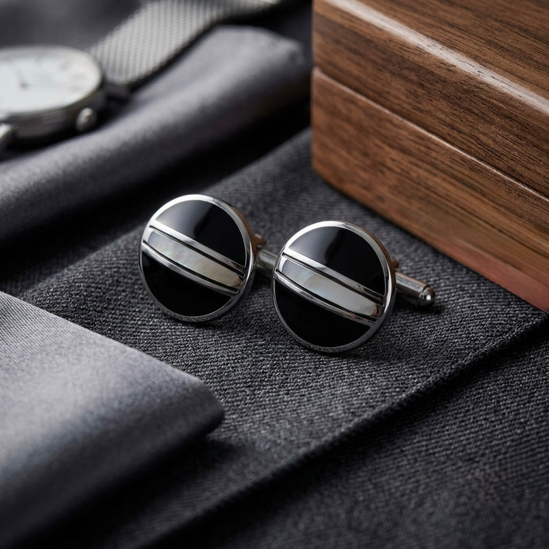 Modern Dual-Tone Onyx & Silver Circular Cufflinks