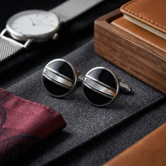 Modern Dual-Tone Onyx & Silver Circular Cufflinks