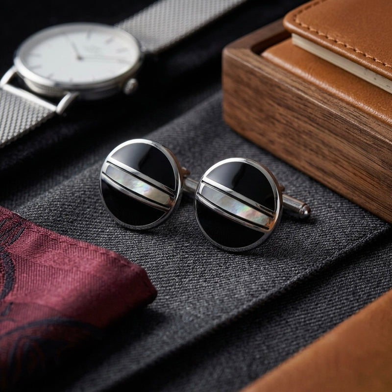 Modern Dual-Tone Onyx & Silver Circular Cufflinks