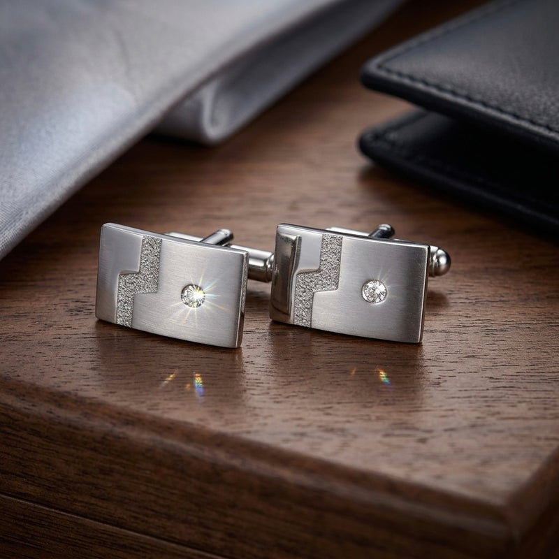 Contemporary Silver & Crystal Accent Cufflinks