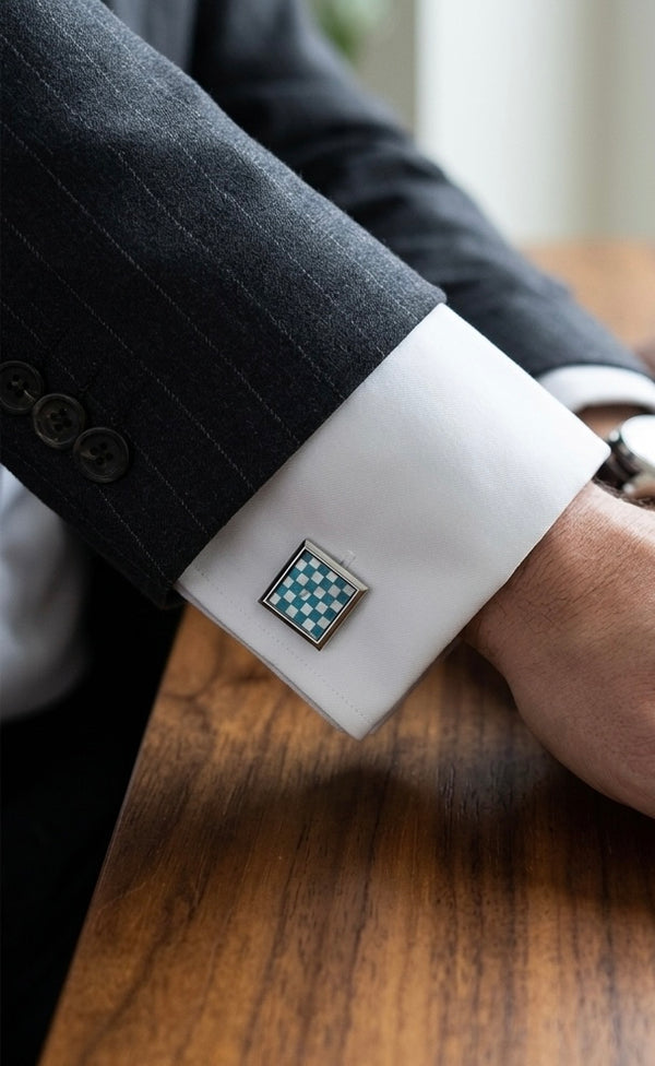 Teal & Mother-of-Pearl Checkerboard Square Cufflinks