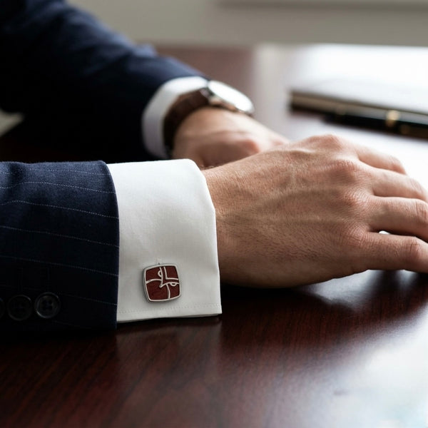 Crimson Enamel & Silver Abstract Cufflinks