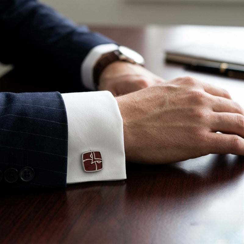 Crimson Enamel & Silver Abstract Cufflinks