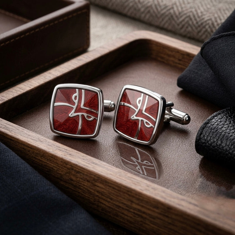 Crimson Enamel & Silver Abstract Cufflinks