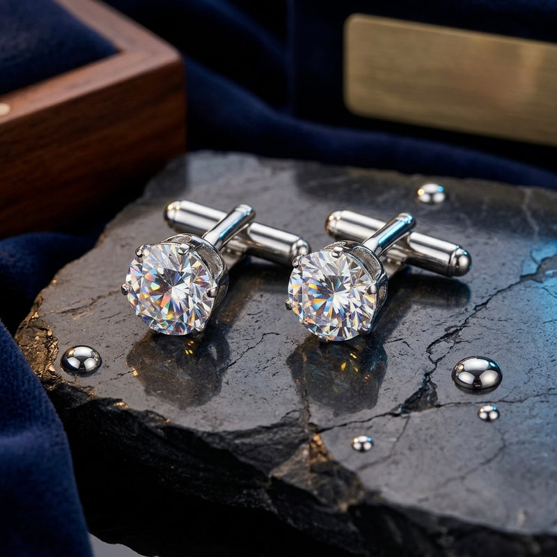 Classic Solitaire Crystal Cufflinks – Silver Tone