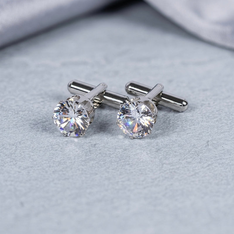 Classic Solitaire Crystal Cufflinks – Silver Tone