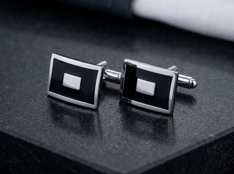 Classic Geometric Black & Silver Cufflinks