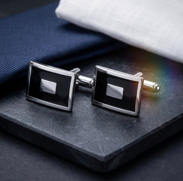 Classic Geometric Black & Silver Cufflinks