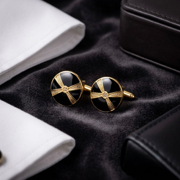 Vintage Gold & Black Enamel Geometric Cufflinks
