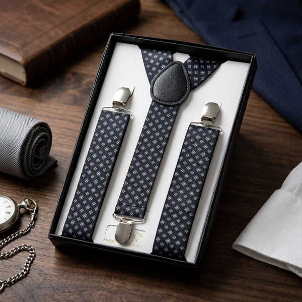 Elegant Navy Blue Diamond Pattern Suspender & Bow Tie Set