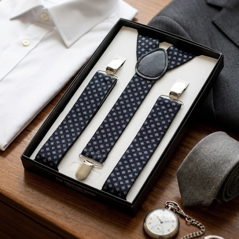 Elegant Navy Blue Diamond Pattern Suspender & Bow Tie Set