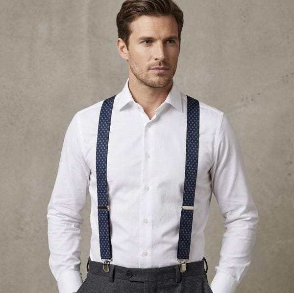 Classic Navy Blue Diamond Suspender & Bow Tie Set