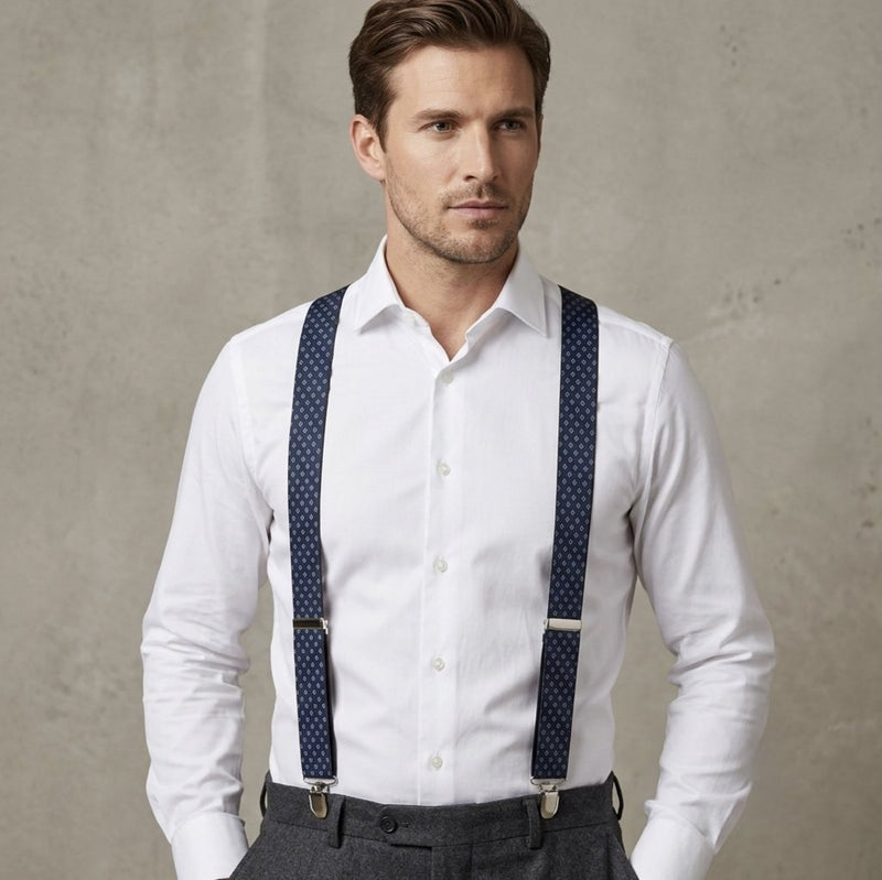 Classic Navy Blue Diamond Suspender & Bow Tie Set
