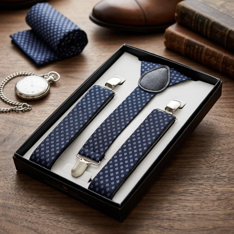 Classic Navy Blue Diamond Suspender & Bow Tie Set