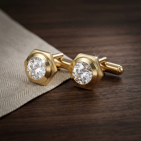 Gold-Tone Hexagonal Crystal Cufflinks