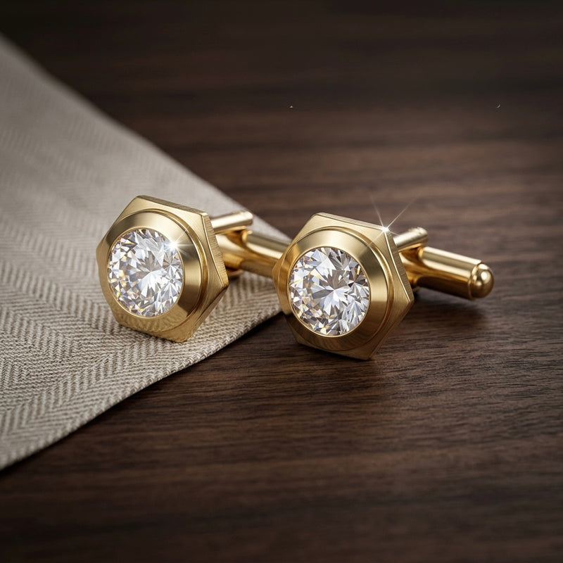 Gold-Tone Hexagonal Crystal Cufflinks