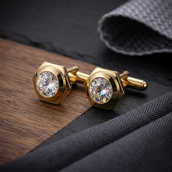 Gold-Tone Hexagonal Crystal Cufflinks