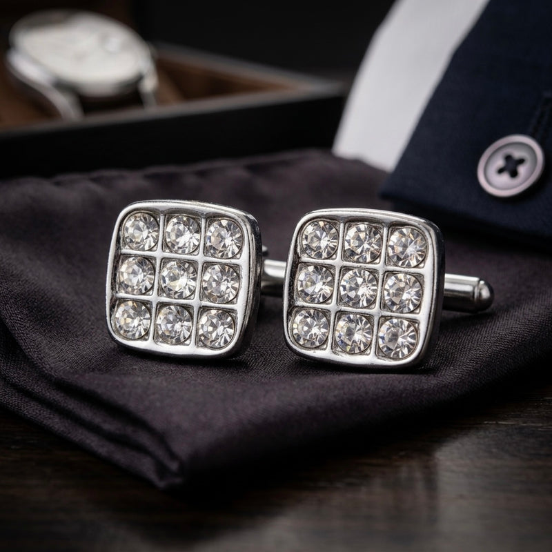 Sparkling Crystal Grid Cufflinks