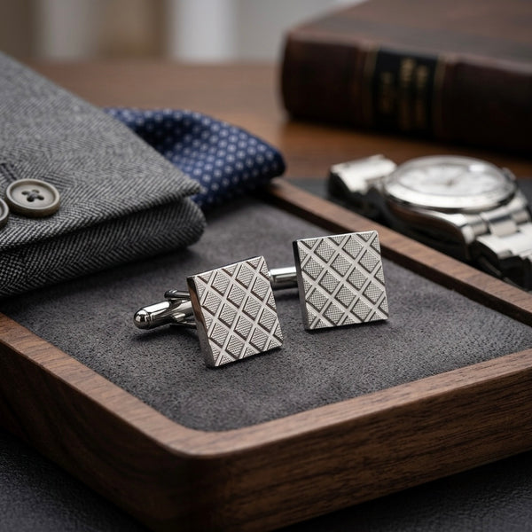 Silver Diamond-Pattern Cufflinks
