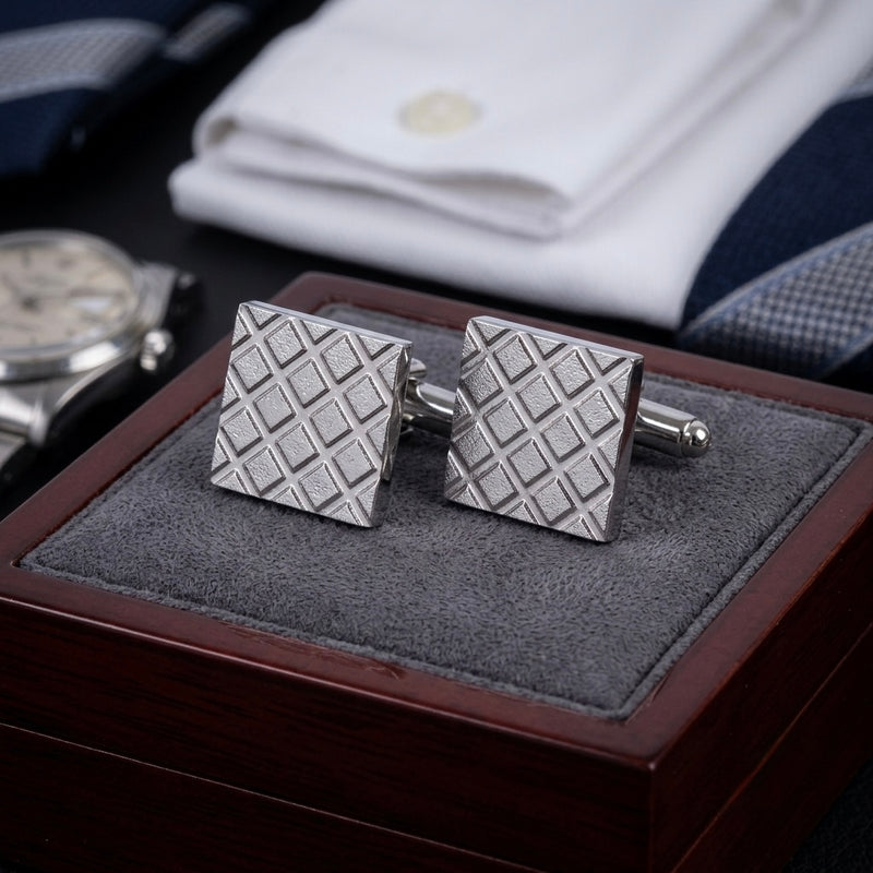 Silver Diamond-Pattern Cufflinks