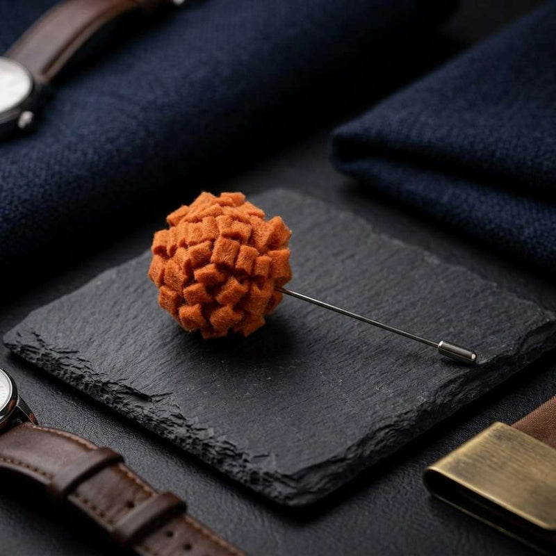 Rust Orange Textured Floral Lapel Pin for Men