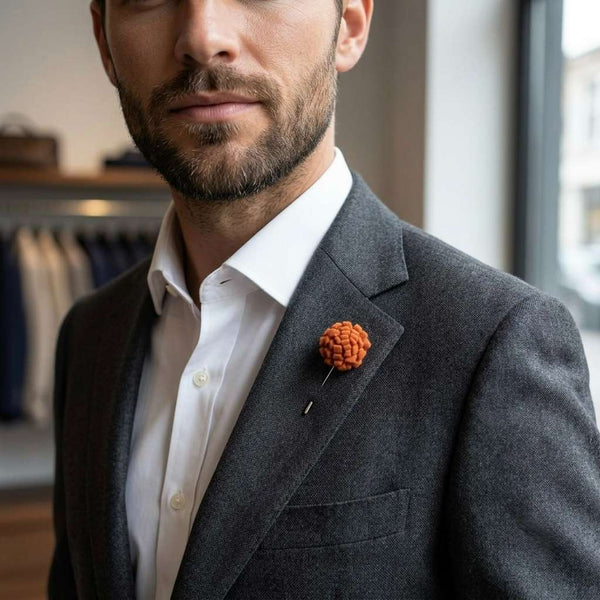 Rust Orange Textured Floral Lapel Pin for Men