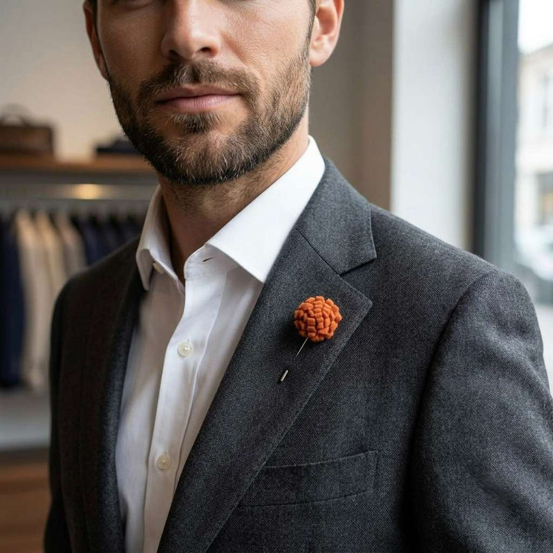 Rust Orange Textured Floral Lapel Pin for Men