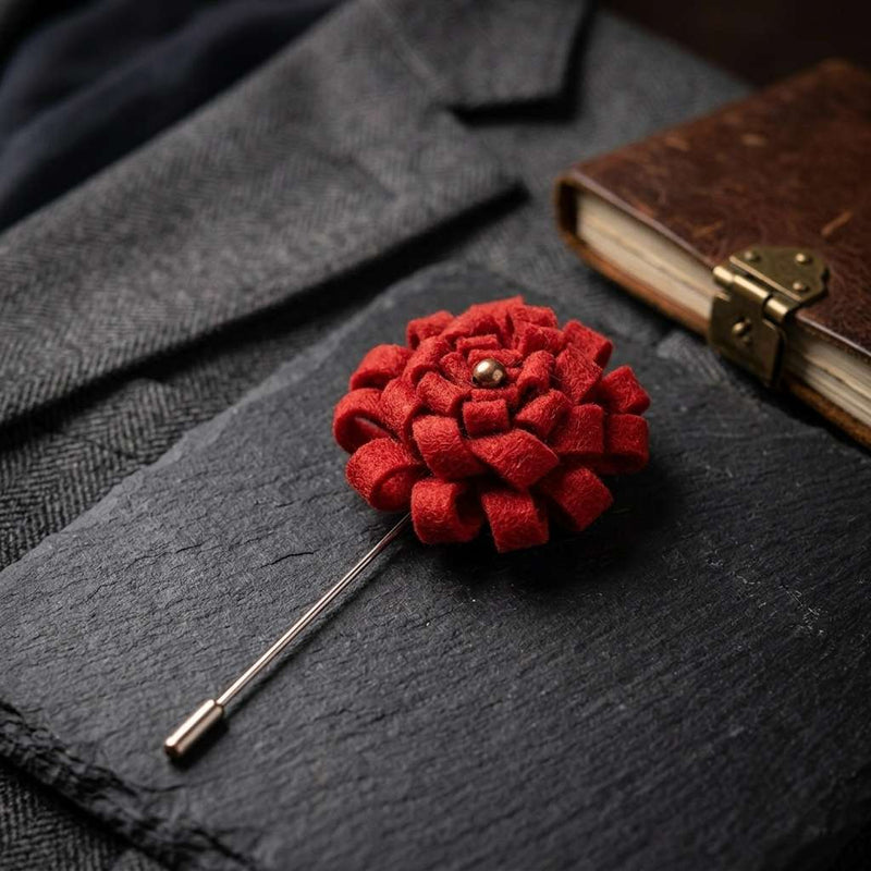 Elegant Red Floral Lapel Pin with Metallic Center