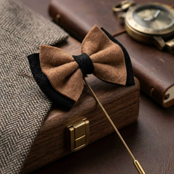 Classic Tan & Black Layered Bow Tie Lapel Pin