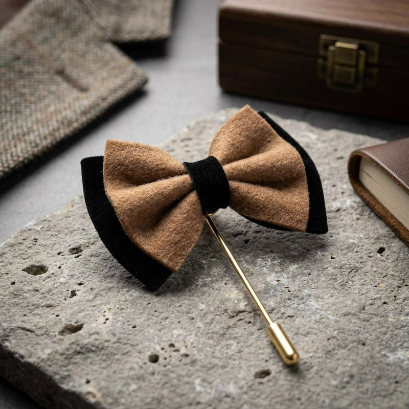Classic Tan & Black Layered Bow Tie Lapel Pin