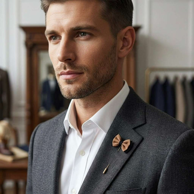 Classic Tan & Black Layered Bow Tie Lapel Pin