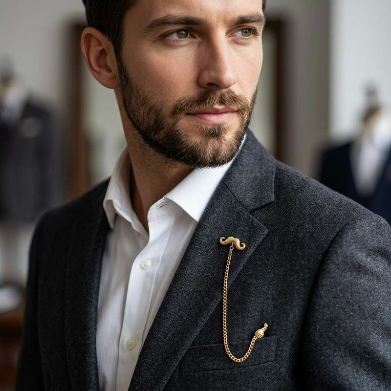 Gold Moustache Chain Lapel Pin