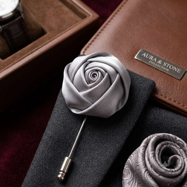 Silver Grey Rose Lapel Brooch