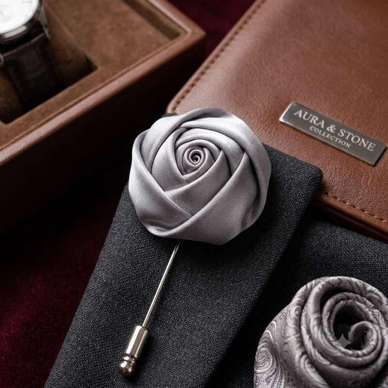 Silver Grey Rose Lapel Brooch