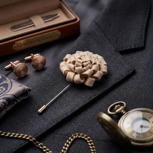 Beige Textured Floral Lapel Brooch