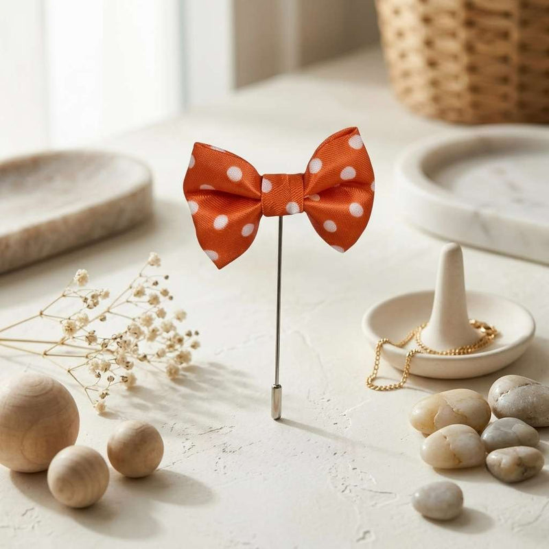 Elegant Orange Polka Dot Bow Brooch