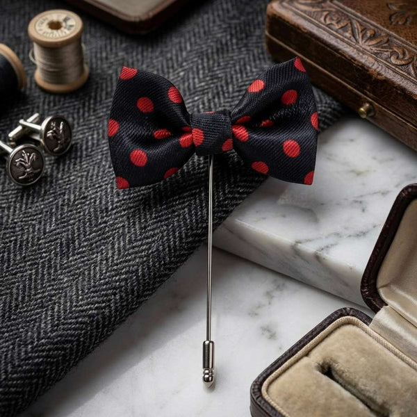 Classic Navy & Red Polka Dot Bow Brooch
