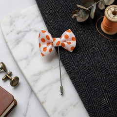 Elegant White & Orange Polka Dot Bow Brooch