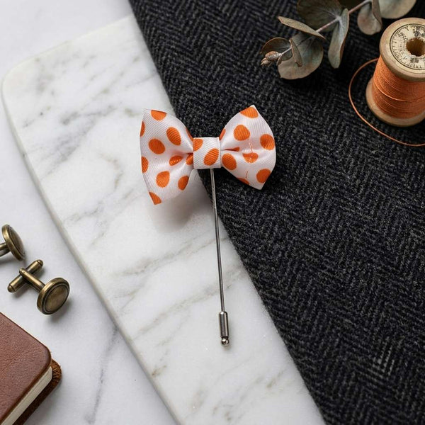 Elegant White & Orange Polka Dot Bow Brooch