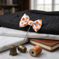 Elegant White & Orange Polka Dot Bow Brooch